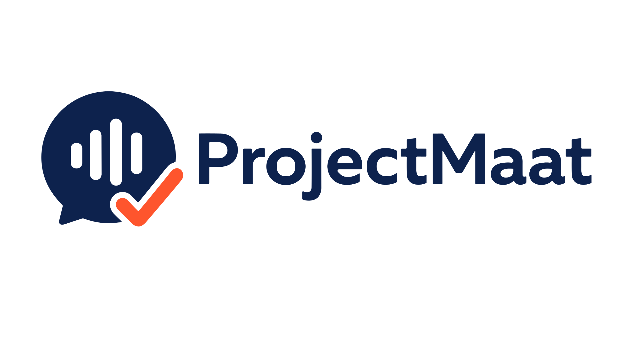 Logo van ProjectMaat met een gesprekbel-bubbel en vinkje, afgeronde tekst "ProjectMaat" in blauw.